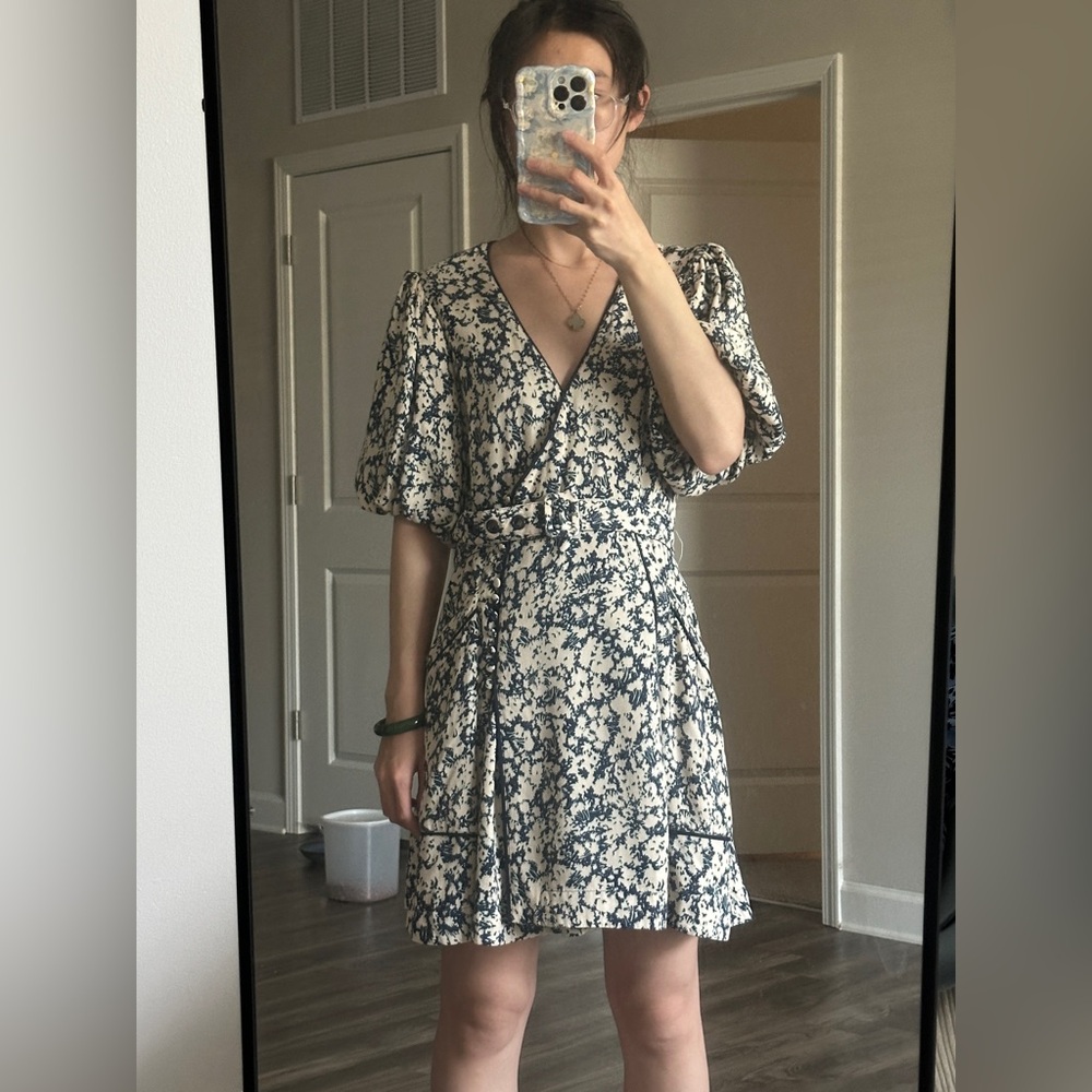 Jonathan Simkhai Cream Floral Wrap Mini Dress with Navy Print